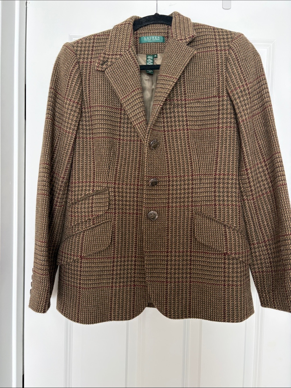 Lauren Ralph Lauren Brown Glen Plaid Wool Pea Coat with Red Windowpane